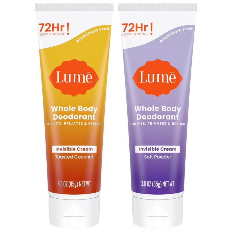 Lume Whole Body Deodorant  Invisible Cream Tube  72 Hour Odor Control  Doctor Developed  Aluminum Free Baking Soda Free and Skin Loving  30 Ounce Pack of 2 Soft Powder  Toasted Coconut